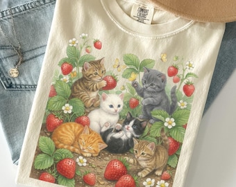 Cottagecore Kitten Shirt, Strawberry Kitten T-Shirt, Vintage Watercolor Cat Mom Tee