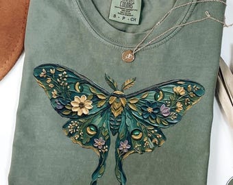Comfort Colors Celestial Floral Moth Shirt Impasto Cottagecore Botanical Witchy Vintage Nature Gift Tee