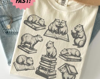 Whimsical Capybara Book Lover Shirt: Comfort Colors® Vintage Reading Librarian Gift Retro Bookworm