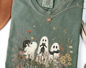 Vintage Cottagecore Ghost Cat Shirt, Halloween Whimsical Wildflower Botanical Floral Spooky Nature Lover Gift