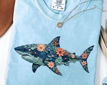 Comfort Colors Floral Shark Shirt Impasto Ocean Beach Marine Biology Whimsical Botanical Gift Tee