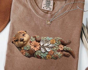 Comfort Colors Floral Otter Shirt Impasto Floating Sea River Wildlife Whimsical Botanical Gift Tee