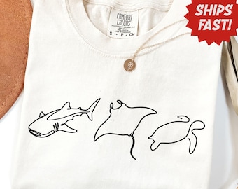 Whale Shark Manta Ray Turtle Shirt, Ocean Wildlife Marine Lover Minimalist Lineart Gift