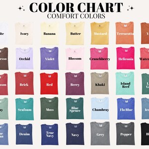 May include: A colour chart showcasing Comfort Colors t-shirts in various shades. The chart presents colours such as White, Ivory, Banana, and Black, with names like Crimson and Chambray. The text "COLOUR CHART COMFORT COLOURS" is at the top.