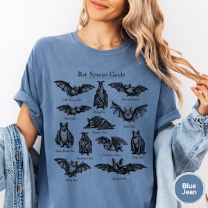 May include: Blue jean colored t-shirt featuring a black graphic of various bat species with the text "Bat Species Guide". The shirt has short sleeves and a relaxed fit, perfect for casual wear.