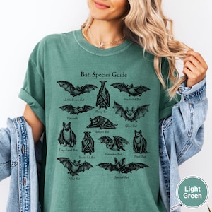May include: Light green t-shirt featuring a black illustration of various bat species, including Little Brown Bat, Flying Fox, and Vampire Bat. The text "Bat Species Guide" is at the top. The shirt is a light green color.