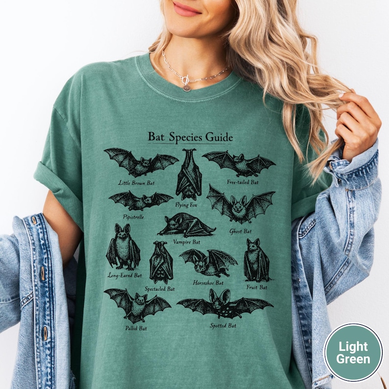 May include: Light green t-shirt featuring a black illustration of various bat species, including Little Brown Bat, Flying Fox, and Vampire Bat. The text "Bat Species Guide" is at the top. The shirt is a light green color.