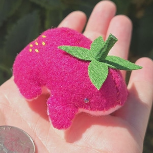 May include: A small, handmade felt strawberry creature in pink and green, with yellow seed details. The plush toy is held in a hand next to a coin for size comparison. The background is blurred green foliage.