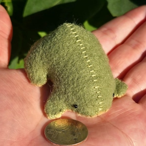 May include: A small, handmade green felt creature with a rounded body and small appendages. The creature is stitched with cream-colored thread and has tiny black eyes. A U.S. quarter coin is next to the creature for size comparison.