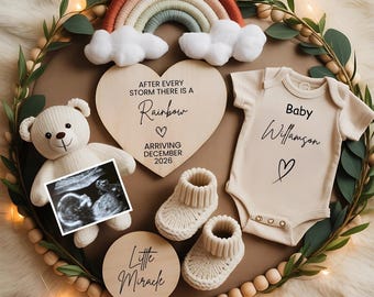 Editable Rainbow Baby Digital Pregnancy Announcement Minimalist Social Media Reveal IVF Baby Neutral Boho Baby Reveal After Every Storm