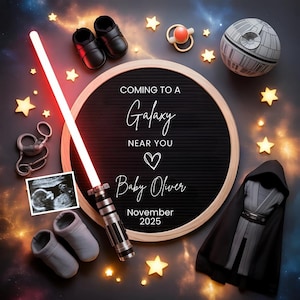 Space Wars Pregnancy Announcement,Star Force Social Media Gender Reveal, Editable Template Father&#39;s Day,Future Galactic Baby Announcement,