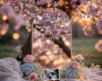 Neutral Mirror Outdoor Baby Reveal Pregnancy Announcement Ideas Template Baby on the way Boy Girl  2026 Spring Flowers For Social Media