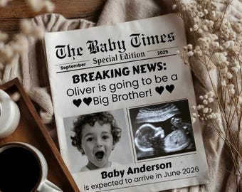 Newspaper Pregnancy Announcement Template | Promoted to Big Brother Baby Reveal | Editable Canva Digital Baby Announcement