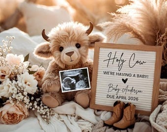 Holy Cow Pregnancy Announcement Canva Template Western Revealing new baby Highland Cow Baby Announce Cowboy Rustic Pregnancy Reveal Digital