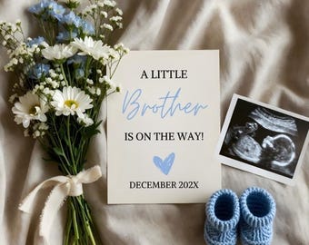 Minimalist Baby Boy Pregnancy Announcement Template Digital Gender Reveal for Social Media Neutral Boho Minimalist Its a Little Brother