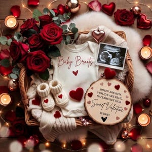 以下が含まれることがあります： バレンタインデーをテーマにしたアレンジメント。赤いスクリプトで「Baby Broots」と書かれた白いベビーボディスーツ、ベビーブーツ、赤いハートのアクセント、超音波写真が特徴です。「Roses are red, violets are blue, in February our Sweet Valentine is due!」と書かれた木製のプラーク。