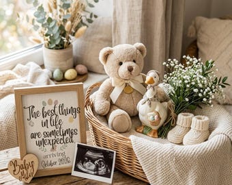 Unexpected Pregnancy Announcement Canva Template | Silly Goose Surprise Baby Reveal | Neutral Boho Teddy Bear Social Media Digital 2026
