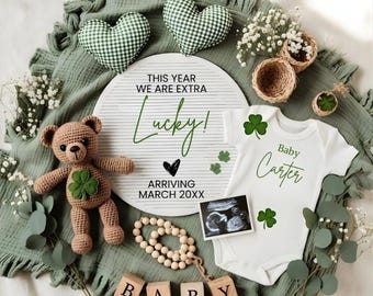 St. Patrick's Day Pregnancy Announcement Lucky Cozy Baby Reveal Neutral Minimalist Teddy Bear Editable Canva Template