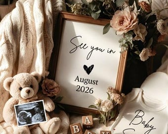 Neutral Unexpected Pregnancy Announcement August 2026 Canva Template | Teddy Bear Baby Reveal | Minimalist Cozy Baby Announce