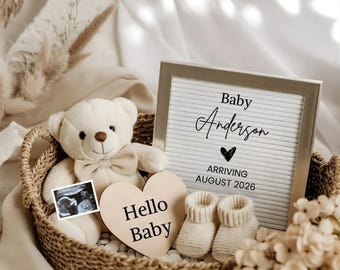 Neutral Minimalist Teddy Bear Pregnancy Announcement husband Cozy Baby Reveal Digital Editable 2 3 4 Pregnancy Canva Template