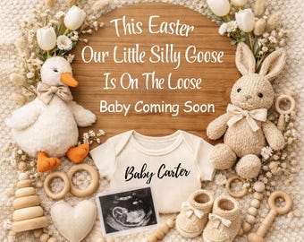 Silly Goose Easter Pregnancy Announcement Canva Template | new Boho Neutral October last Baby ultrasound Reveal | Social Media Digital