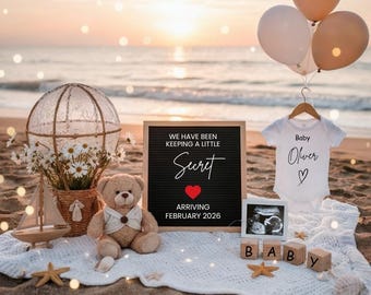 Beach Pregnancy Announcement: Seaside Baby Reveal Canva Template (Digital Download)