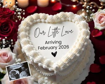 Heart Cake Valentine Baby Pregnancy Announcement Ideas Template Neutral Ultrasound Reveal Baby on the way Boy Girl 2026 Digital Download
