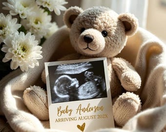Elegant Pregnancy Announcement Template Neutral Spring Ultrasound Card Expecting Baby News White Floral Baby Reveal keeping a secret