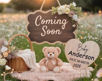 Christian virtual Teddy Bear Pregnancy Announcement Sunset Neutral Minimalist Baby Social Media Reveal Editable (Digital Template)