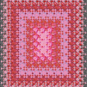 May include: A quilt with a pink and red geometric pattern. The quilt is made up of small squares and diamonds. The border of the quilt is a black and white floral pattern.