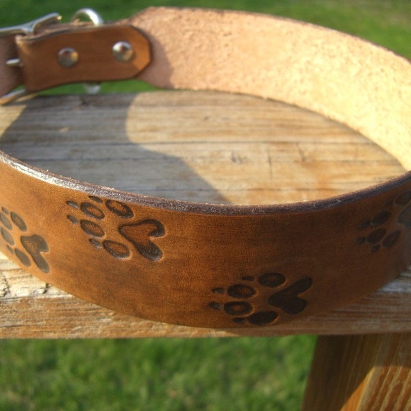 Large Leather  Dog Collar Paw Prints Hand Tooled Design