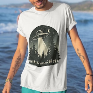 Forest UFO T-Shirt, Alien Graphic Shirt, Unisex Short Sleeve Top, Gift for Sci-Fi Lovers, Casual Wear