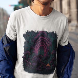 Trippy Mushroom Shirt - Mystical Forest Unisex Heavy Cotton Tee, Mushroom Graphic T-Shirt, Retro Style Psychedelic Art, Nature Lover Gift,
