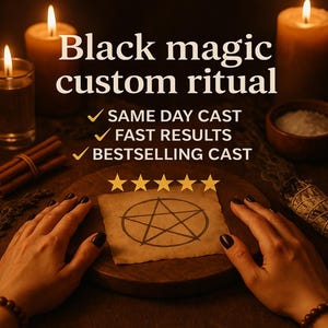Könnte beinhalten: Ein Bild mit dem Text "Black magic custom ritual" und den Sätzen "SAME DAY CAST", "FAST RESULTS" und "BESTSELLING CAST". Das Bild zeigt auch brennende Kerzen, ein Pentagramm und fünf goldene Sterne.