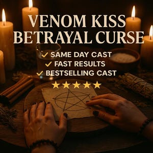 May include: An image with the text "VENOM KISS BETRAYAL CURSE" and bullet points for "SAME DAY CAST", "FAST RESULTS", and "BESTSELLING CAST". The image also includes lit candles, a glass of liquid, and a pentagram drawing.