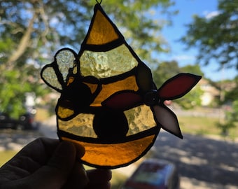 Stained Glass -  BeeHive with Bee and Flower