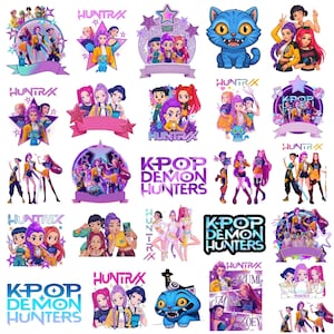 May include: A selection of vibrant K-Pop themed graphics. The designs feature illustrations of female characters, stars, and the text "HUNTRAX" and "K-POP DEMON HUNTERS". Includes a blue cat and various banner shapes.