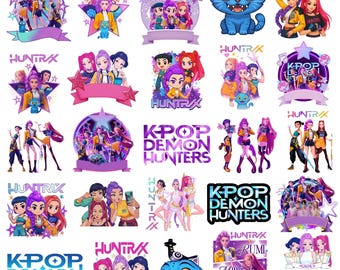 May include: A collection of colorful K-Pop themed graphics featuring stylized illustrations of female characters, stars, and the text "HUNTRAX" and "K-POP DEMON HUNTERS". The designs include a blue cat and various banner shapes.