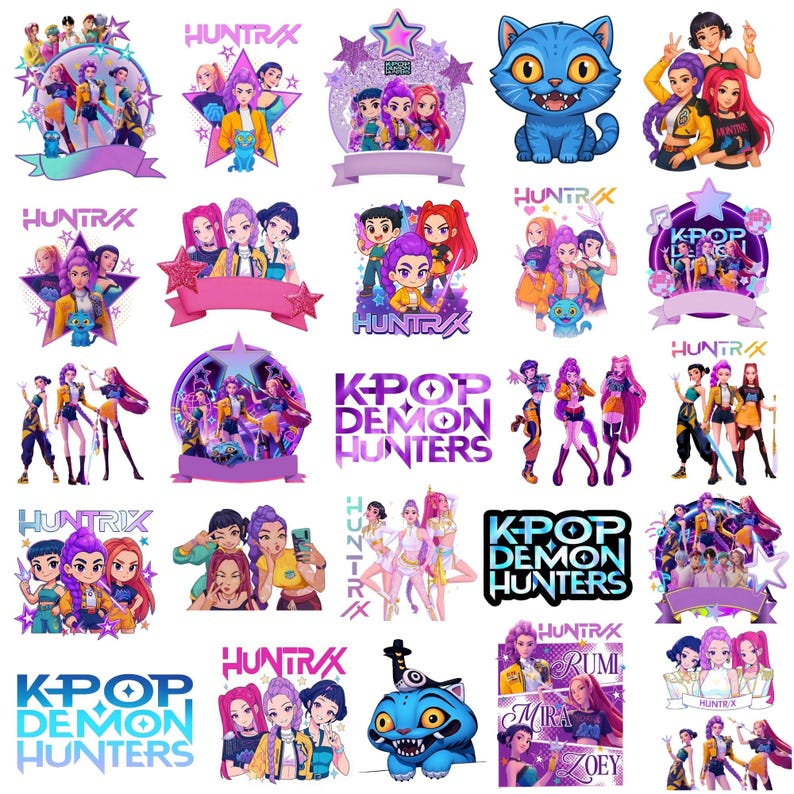 May include: A selection of vibrant K-Pop themed graphics. The designs feature illustrations of female characters, stars, and the text "HUNTRAX" and "K-POP DEMON HUNTERS". Includes a blue cat and various banner shapes.