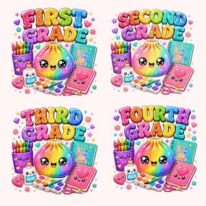 Glitter Dumpling School Bundle, Back to School PNG Bundle,Pre-K Kindergarten First Second Third Fourth Grade Shirt Design,Kawaii Sublimation