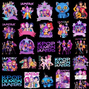 May include: A selection of vibrant stickers with K-Pop themes. The stickers display anime-style characters, stars, and the text "HUNTR/X" and "K-POP DEMON HUNTERS". The stickers are set against a black backdrop.