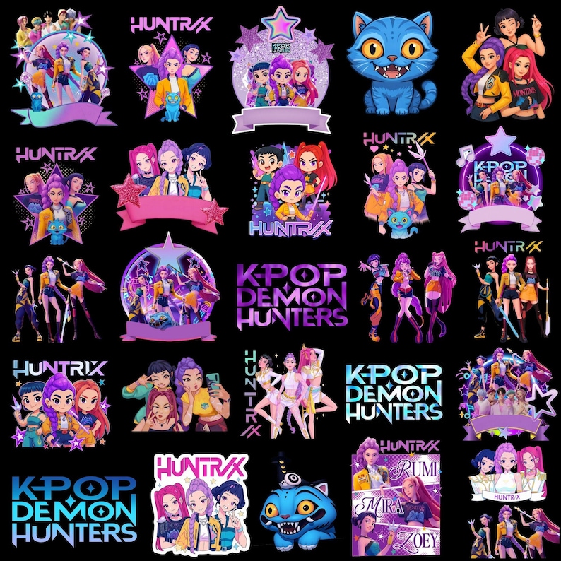 May include: A selection of vibrant stickers with K-Pop themes. The stickers display anime-style characters, stars, and the text "HUNTR/X" and "K-POP DEMON HUNTERS". The stickers are set against a black backdrop.