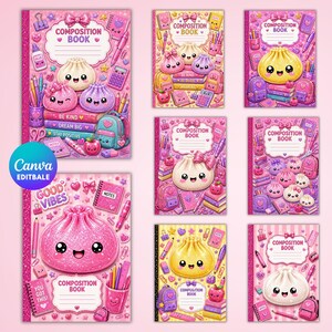 Pode incluir: Uma coleção de cadernos com designs cor-de-rosa e brilhantes, apresentando ilustrações estilo kawaii de dumplings sorridentes, material escolar, mochilas e textos motivacionais como Be Kind, Dream Big e Stay Positive nas capas.