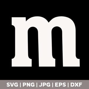 May include: A white lowercase letter m centered on a solid black square background. Below the square, a gray rectangular bar contains the white text SVG | PNG | JPG | EPS | DXF, indicating the available file formats for this digital graphic design.