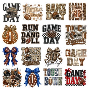 May include: A collection of sixteen digital graphic designs featuring football themes, including footballs, helmets, bows, and text such as GAME DAY and TOUCHDOWN SEASON. The designs incorporate leopard print, plaid patterns, and various color schemes.