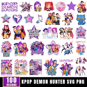 May include: A collection of 100 K-Pop Demon Hunter designs in SVG and PNG formats. The designs feature colorful illustrations of anime-style characters, stars, hearts, and text elements. The color palette includes purple, pink, yellow, and blue.