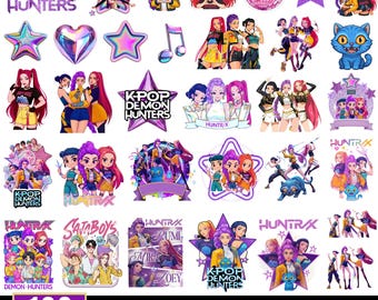 May include: A collection of 100 K-Pop Demon Hunter designs in SVG and PNG formats. The designs feature colorful illustrations of anime-style characters, stars, hearts, and text elements. The color palette includes purple, pink, yellow, and blue.