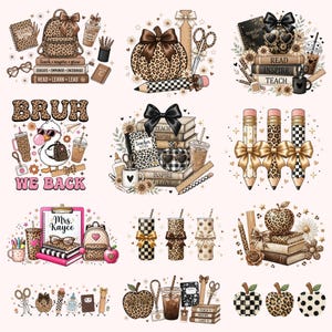 May include: A collection of digital illustrations featuring school-themed motifs including leopard print backpacks, stacked books with text like 'teach inspire grow', pencils, apples, bows, tumblers, and stationery items arranged in various decorative clusters.