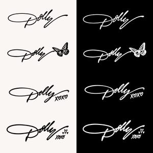 May include: A collection of eight digital graphic designs featuring the word Dolly in a cursive script. Four designs are black on a white background, and four are white on a black background, including variations with a butterfly or xoxo text.