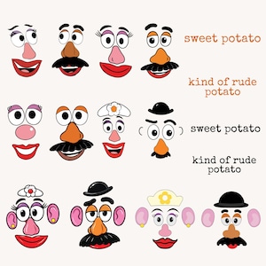 Peut inclure: Une collection de douze visages de pommes de terre en dessin animé avec divers traits faciaux incluant nez, moustaches, chapeaux et lèvres. Le texte sweet potato et kind of rude potato est imprimé en brun et noir à côté des visages.
